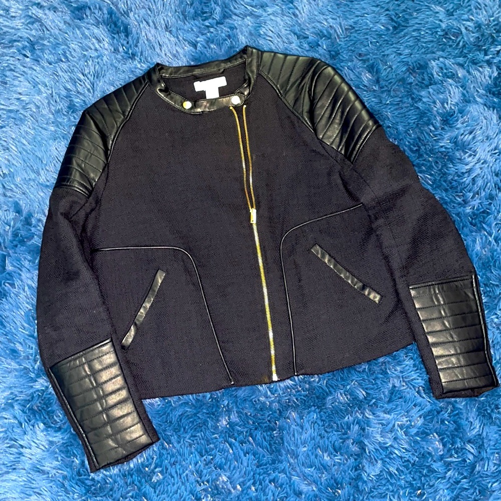 Navy Blue H&M Moto Jacket Linen 16